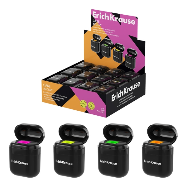 ErichKrause Case Accent Espositore con 24 temperamatite con contenitore - Plastica - Lama in acciaio al carbonio nichelata - Foro da 8 mm - Colori assortiti