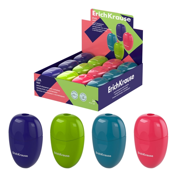 ErichKrause Eva Reef Espositore con 24 temperamatite con contenitore - Plastica - Lama in acciaio al carbonio nichelata - Foro da 8 mm - Colori assortiti