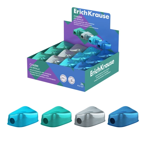 ErichKrause Charm Ice Metallic Espositore con 24 temperamatite con contenitore - Plastica - Lama in acciaio al carbonio nichelata - Foro da 8 mm - Colori assortiti