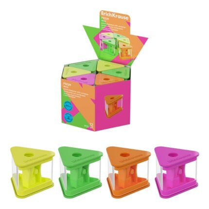 ErichKrause Prism Neon Espositore con 12 temperamatite con contenitore - Plastica - Lama in acciaio al carbonio nichelata - Foro da 8 mm - Colori assortiti