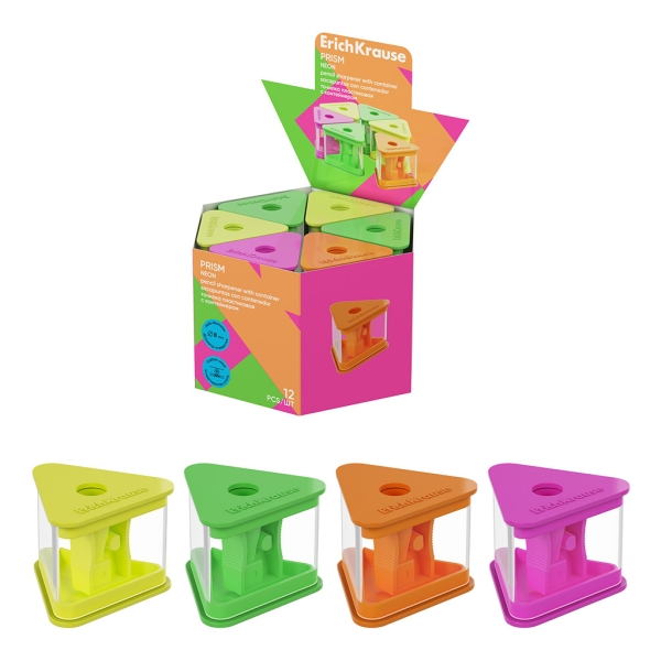 ErichKrause Prism Neon Espositore con 12 temperamatite con contenitore - Plastica - Lama in acciaio al carbonio nichelata - Foro da 8 mm - Colori assortiti ErichKrause Prism Neon Espositore con 12 temperamatite con contenitore - Plastica - Lama in acciaio al carbonio nichelata - Foro da 8 mm - Colori assortiti