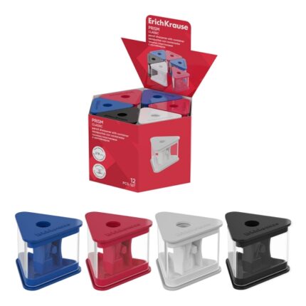 ErichKrause Prism Classic Espositore con 12 temperamatite con contenitore - Plastica - Lama in acciaio al carbonio nichelata - Foro da 8 mm - Colori assortiti