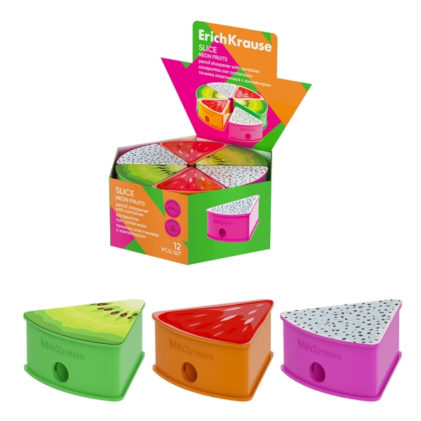 ErichKrause Slice Neon Fruits Espositore con 12 affilamatite e contenitore - Plastica - Lama in acciaio al carbonio nichelata - Foro da 8 mm - Colori assortiti