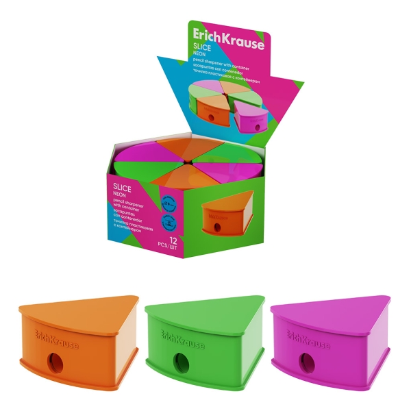 ErichKrause Slice Neon Espositore con 12 temperamatite con contenitore - Plastica - Lama in acciaio al carbonio nichelata - Foro da 8 mm - Colori assortiti ErichKrause Slice Neon Espositore con 12 temperamatite con contenitore - Plastica - Lama in acciaio al carbonio nichelata - Foro da 8 mm - Colori assortiti