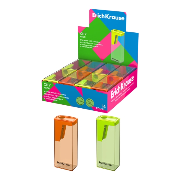 ErichKrause City Neon Espositore con 16 temperamatite con contenitore - Plastica - Lama in acciaio al carbonio nichelata - Foro da 8 mm - Colori assortiti