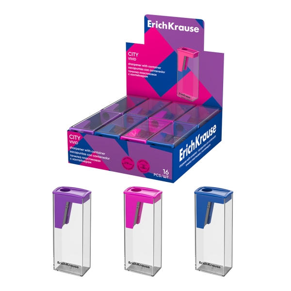 ErichKrause City Vivid Espositore con 16 temperamatite con contenitore - Plastica - Lama in acciaio al carbonio nichelata - Foro da 8 mm - Colori assortiti