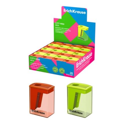 ErichKrause City Mini Neon Espositore con 28 temperamatite con contenitore - Plastica - Lama in acciaio al carbonio nichelata - Foro da 8 mm - Colori assortiti