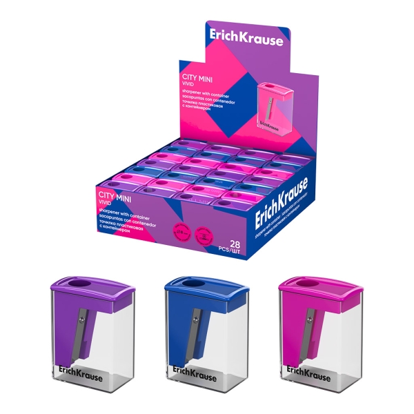 ErichKrause City Mini Vivid Espositore con 28 temperamatite con contenitore - Plastica - Lama in acciaio al carbonio nichelata - Foro da 8 mm - Colori assortiti ErichKrause City Mini Vivid Espositore con 28 temperamatite con contenitore - Plastica - Lama in acciaio al carbonio nichelata - Foro da 8 mm - Colori assortiti