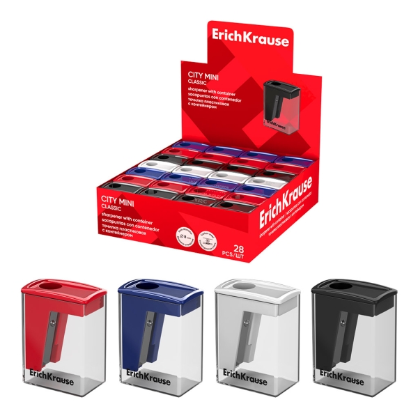 ErichKrause City Mini Classic Espositore con 28 temperamatite con contenitore - Plastica - Lama in acciaio al carbonio nichelata - Foro da 8 mm - Colori assortiti