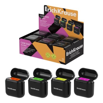 ErichKrause Case Duo Accent Espositore con 12 temperamatite con contenitore - Plastica - 2 fori da 8 e 11 mm - Lama in acciaio al carbonio nichelata - Colori assortiti