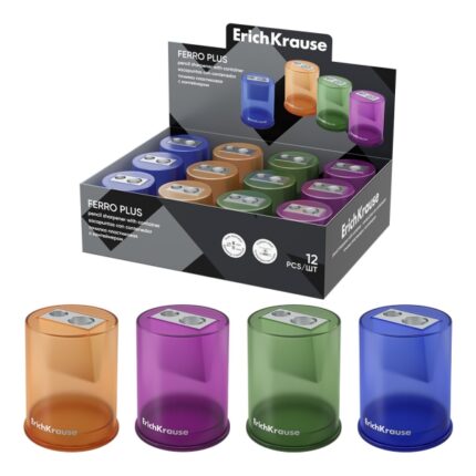 ErichKrause Ferro Container Plus Espositore con 12 temperamatite con contenitore - In metallo - 2 fori da 8 e 11 mm - Lama in acciaio al carbonio nichelata - Colori assortiti