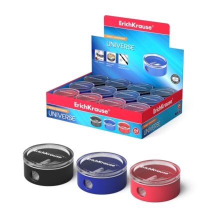 ErichKrause UNIVERSE Espositore con 24 temperamatite con contenitore - Plastica - Lama in acciaio al carbonio nichelata - Foro da 8 mm - Colori assortiti