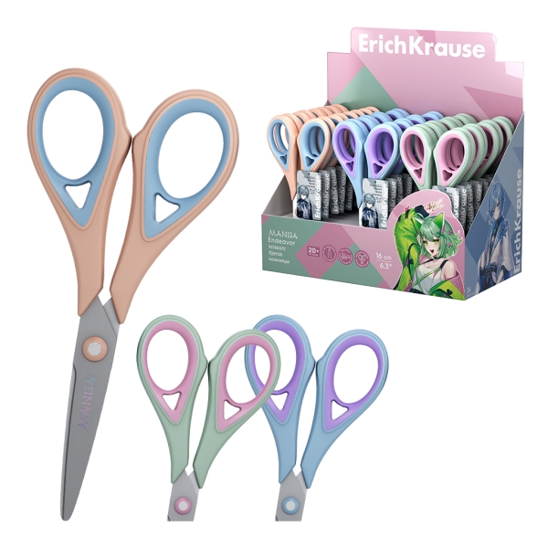 ErichKrause Endeavor Espositore con 24 forbici da 16 cm - Manici in plastica e gomma antiscivolo - Lame arcuate - Ergonomiche - Acciaio inossidabile - Colori assortiti