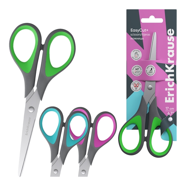 ErichKrause EasyCut + Forbici da 17 cm per mancini - Manici in plastica e gomma antiscivolo - Ergonomiche - Acciaio inossidabile - Colori assortiti