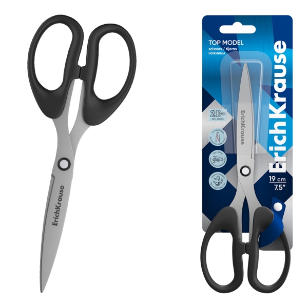 ErichKrause Top Model Forbici da 19 cm - Lame ad arco - Manici in plastica resistente agli urti - Affilatura doppia - Acciaio inossidabile - Ergonomiche - Colore nero