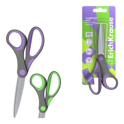ErichKrause Comfort Forbici da 15 cm - Manici in plastica e gomma antiscivolo - Doppia affilatura - Acciaio inossidabile - Ergonomiche - Colori assortiti