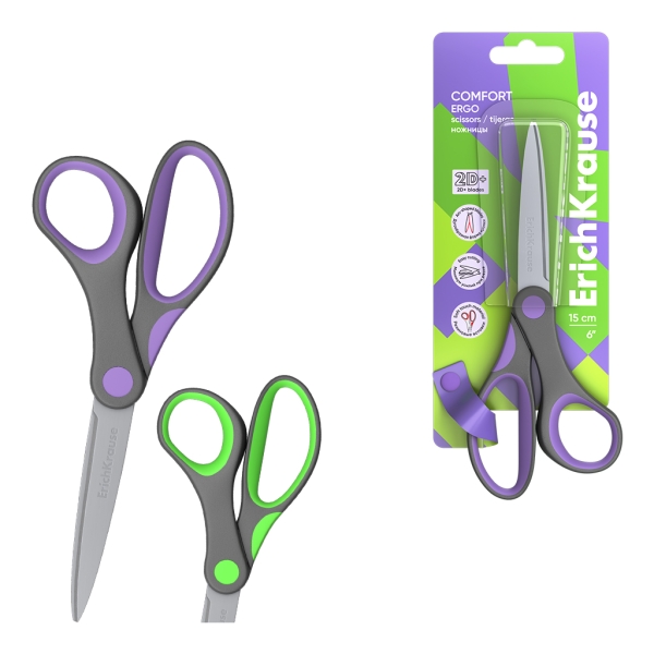 ErichKrause Comfort Forbici da 15 cm - Manici in plastica e gomma antiscivolo - Doppia affilatura - Acciaio inossidabile - Ergonomiche - Colori assortiti