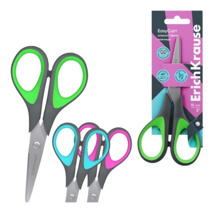 ErichKrause EasyCut+ Forbici da 15 cm - Impugnature in plastica e gomma antiscivolo - Doppia affilatura - Acciaio inossidabile - Colori assortiti