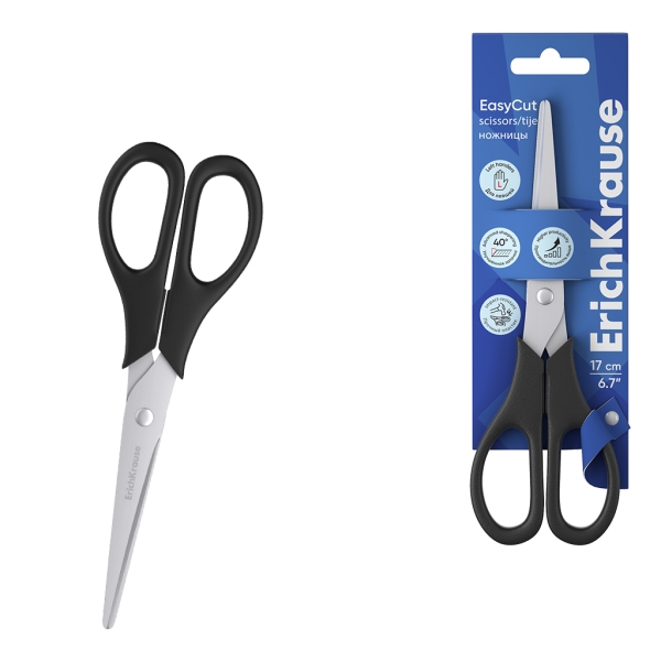 ErichKrause EasyCut Forbici da 17 cm per mancini - Impugnature in plastica resistente agli urti - Doppia affilatura - Acciaio inossidabile - Ergonomiche - Colore: nero