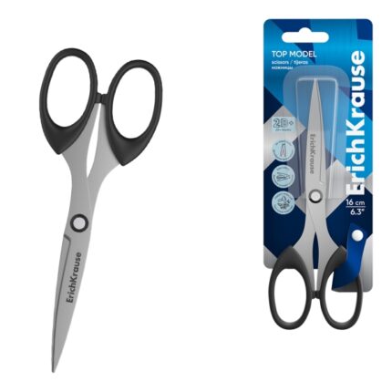 ErichKrause Top Model Forbici da 16 cm - Lame ad arco - Impugnature in plastica resistente agli urti - Doppia affilatura - Acciaio inossidabile - Ergonomiche - Colore nero