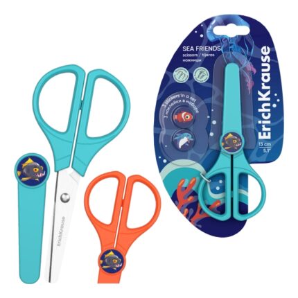 ErichKrause Sea Friends Protect Forbici da 13 cm - Punte arrotondate - Custodia protettiva - 3 adesivi inclusi - Acciaio inossidabile - Colori assortiti