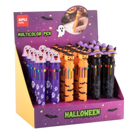 Apli Kids Halloween: espositore con 24 penne a scatto multicolori - 10 colori di inchiostro - 3 modelli diversi
