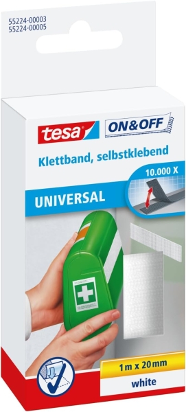 Tesa On & Off Nastro in velcro 20 mm x 1 m - Può essere aperto e chiuso fino a 10.000 volte - Colore bianco