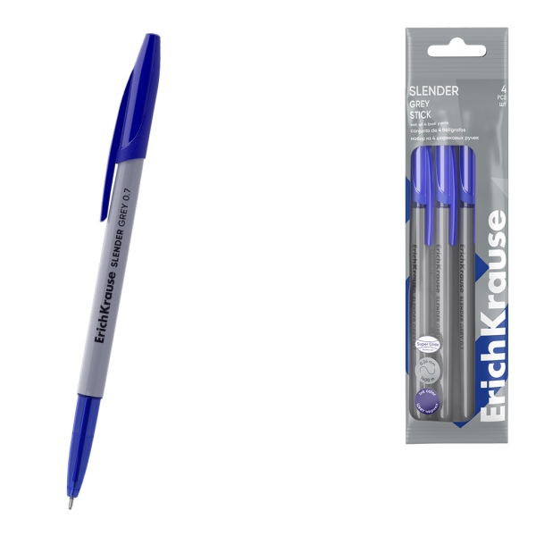 ErichKrause Slender Stick Grey Confezione da 4 penne a sfera con cappuccio - Punta a ago da 0