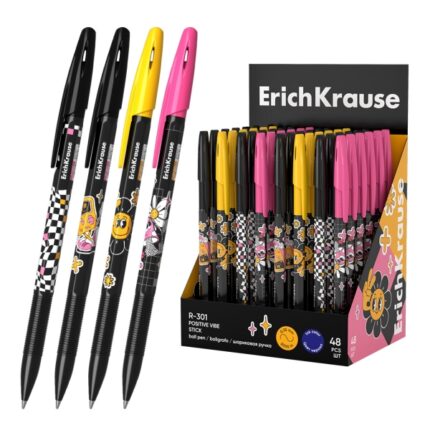 ErichKrause R-301 Stick Positive Vibe Espositore con 48 penne a sfera con cappuccio - Modelli assortiti - Spessore tratto 0