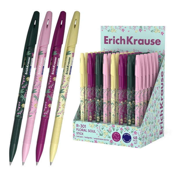 ErichKrause R-301 Stick Floral Soul Espositore con 48 penne a sfera con cappuccio - Modelli assortiti - Spessore tratto 0