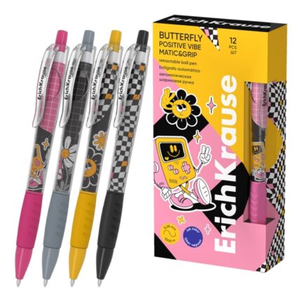ErichKrause Butterfly Matic e Grip Positive Vibe - Penna a sfera retrattile - Modelli assortiti - Spessore tratto 0
