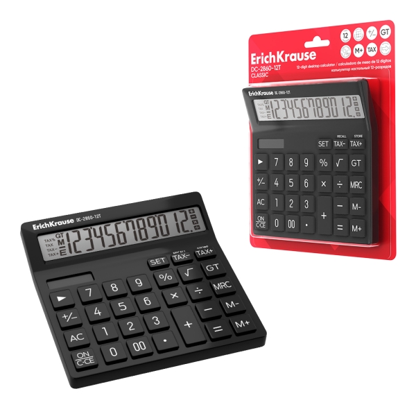 ErichKrause DC-2860-12T Classic Calcolatrice da tavolo - Display LCD a 12 cifre - Spegnimento automatico - Alimentazione solare - Confezionata in blister - Colore: nero