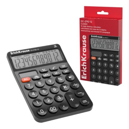 ErichKrause DC-2792-12 Classic Calcolatrice da tavolo - Display LCD a 12 cifre - Spegnimento automatico - Alimentazione solare - Colore: nero
