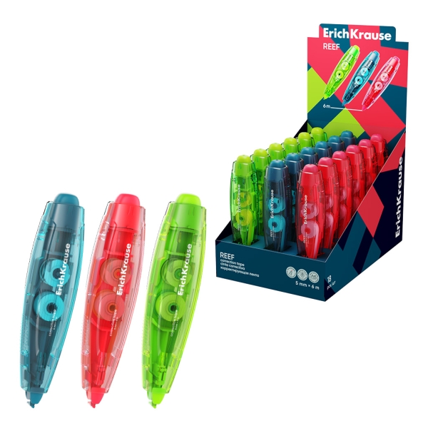 ErichKrause Spin Reef Espositore con 18 nastri correttori - Meccanismo automatico - Larghezza 5 mm - 6 metri lineari - Colori assortiti