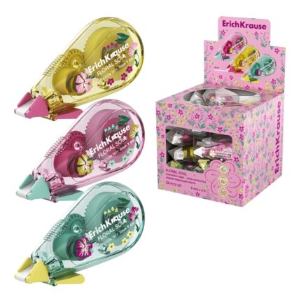 ErichKrause Floral Soul Espositore con 24 nastri correttori - Larghezza 5 mm - 6 metri lineari - Punta orientabile - Utilizzo ambidestro - Colori assortiti