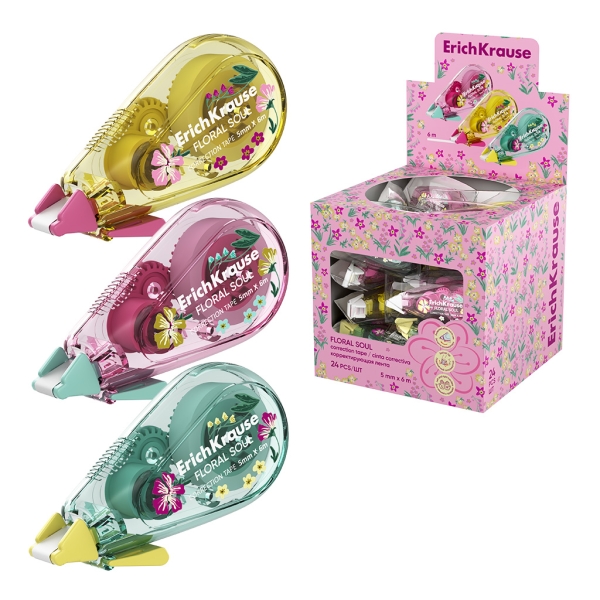 ErichKrause Floral Soul Espositore con 24 nastri correttori - Larghezza 5 mm - 6 metri lineari - Punta orientabile - Utilizzo ambidestro - Colori assortiti