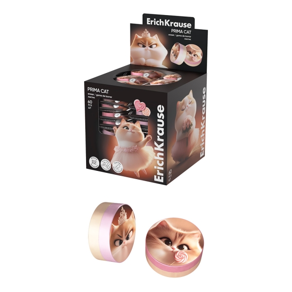ErichKrause Prima Cat Espositore con 60 gomme da cancellare - PVC ecologico - Non lascia residui - Colori assortiti