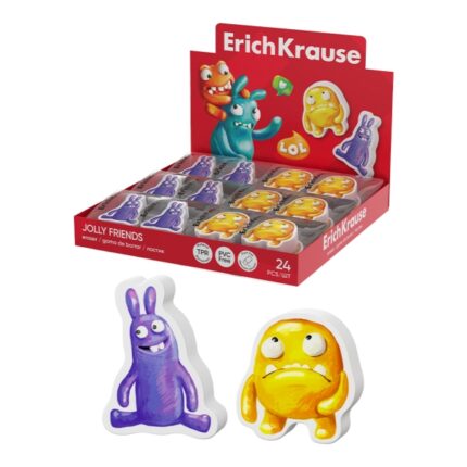 ErichKrause Jolly Friends Espositore con 24 gomme da cancellare - Gomma termoplastica - Non lascia residui - Senza PVC - Colori assortiti