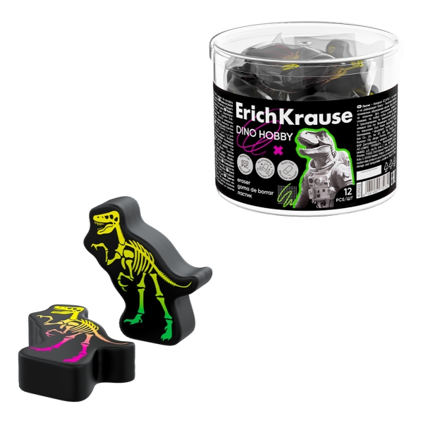 ErichKrause Dino Hobby Gomma da cancellare - PVC ecologico - Non lascia residui - Non strappa la carta - Colori assortiti