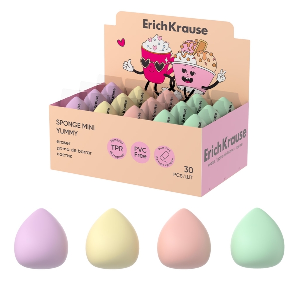 ErichKrause Sponge Mini Yummy Espositore con 30 gomme da cancellare - Gomma termoplastica - Non lascia residui - Non strappa la carta - Senza PVC - Colori assortiti