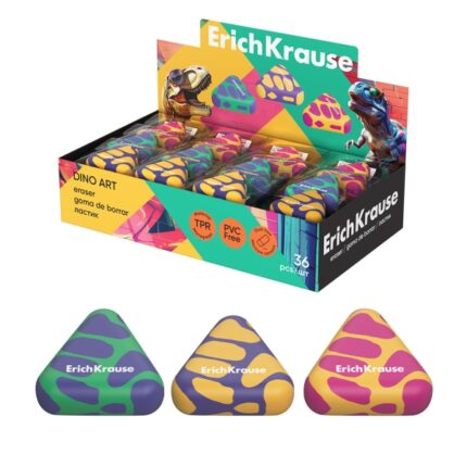 ErichKrause Dino Art Espositore con 36 gomme da cancellare - Gomma termoplastica - Non lascia residui - Non strappa la carta - Senza PVC - Colori assortiti