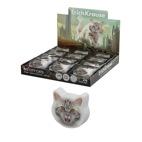 ErichKrause Big City Cats Confezione da 24 gomme da cancellare - Gomma termoplastica - Non lascia residui - Senza PVC - Colori assortiti