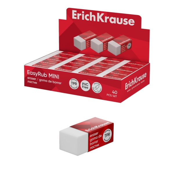 ErichKrause EasyRub Mini espositore con 40 gomme da cancellare - Gomma termoplastica - Non lascia residui - Senza PVC - Colore bianco