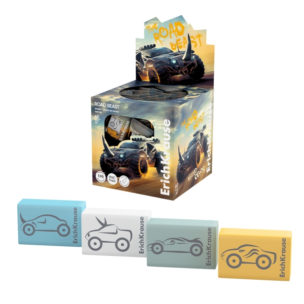 ErichKrause Road Beast Espositore con 60 gomme da cancellare - Gomma termoplastica - Ipoallergenica - Senza polvere e senza PVC - Colori assortiti