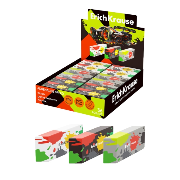 ErichKrause Adrenaline Speed Espositore con 36 gomme da cancellare - Gomma termoplastica - Non lascia residui - Senza PVC - Colori assortiti