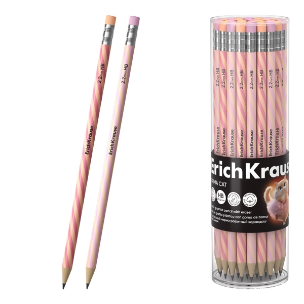 ErichKrause Prima Cat Matita a grafite con gomma - Miniera HB - Corpo rotondo - Plastica - Impugnatura ergonomica - Colori assortiti