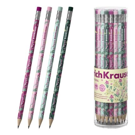 ErichKrause Floral Soul Matita a grafite con gomma - Miniera HB - Corpo rotondo - Plastica - Impugnatura ergonomica - Colori assortiti