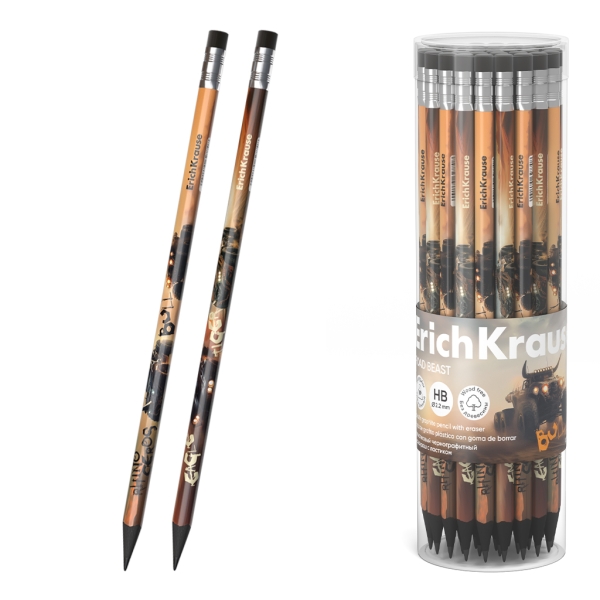 ErichKrause Road Beast Matita a grafite con gomma - Miniera HB - Corpo triangolare - Plastica - Colori assortiti