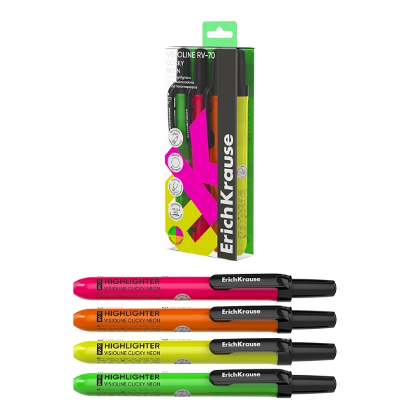 ErichKrause Visioline RV-70 Clicky Neon Confezione da 4 evidenziatori - Penna a scorrimento - Punta smussata - Larghezza tratto da 1