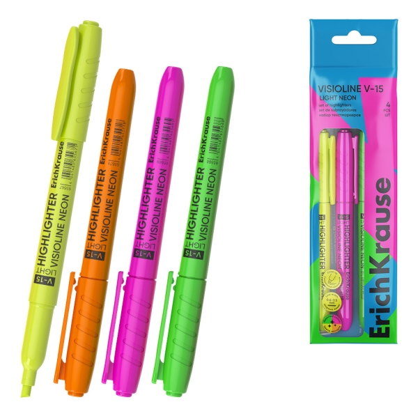 ErichKrause Visioline V-15 Light Neon Confezione da 4 pennarelli fluorescenti - Punta smussata - Spessore del tratto da 0